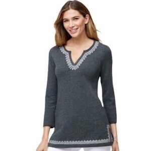TOMMY BAHAMA 100% Cashmere Sweater Women Medium Gray Pineapple Embroidered Tunic